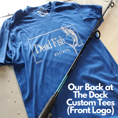 an image ofDFS at the dock blue custom tee with a fishing rod and reel 