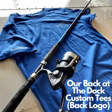 an image of the DFS Back at the dock custom tee with a fishing rod and reel
