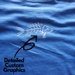 an image of DFS at the dock blue custom tee , with fish detailed graphic on back of shirt