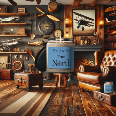 an image of aviators living room with the DFS Soy based You are my true north candles