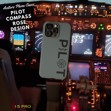 an image of a commercial airline cockpit and the DFS matte finish phone case with the pilot compass rose design