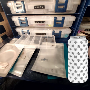 an image of the inside of a tackle box and a dfs koozie for sale