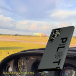 an image of a blimp and the DFS matte finish phone case with the pilot compass rose design
