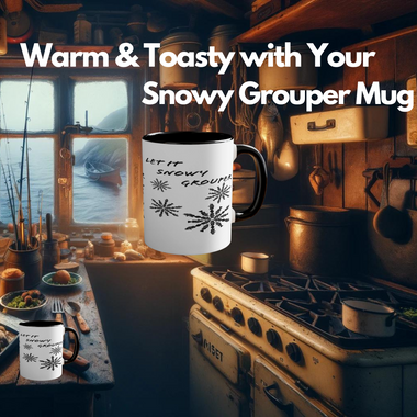 an image of our colorful Snowy Grouper mugs in a rustic setting