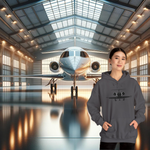 Our DFS In My PJs Hawker Edition unisex hooded sweatshirt in a jet hangar with a private jet