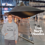 an image of stealth bomber and a DFS You are my true north hoodie